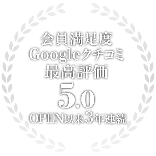 会員満足度Google口コミ最高評価5.0 OPEN以来3年連続